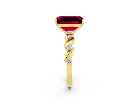 Yellow gold Emerald Cut Garnet Solitaire Twisted Band with Round  Accents and Prong Setting_14