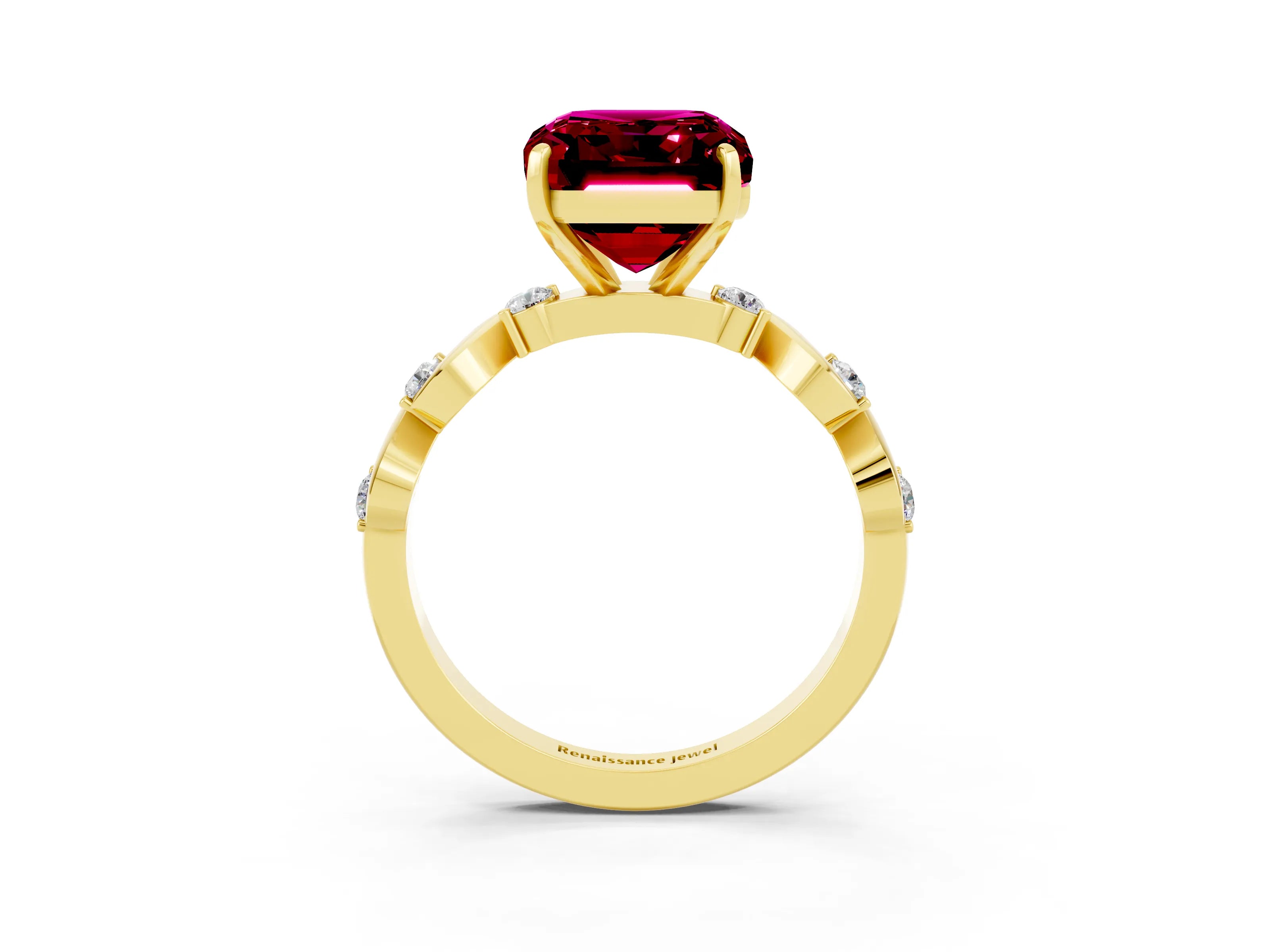 Yellow gold Emerald Cut Garnet Solitaire Twisted Band with Round  Accents and Prong Setting_15