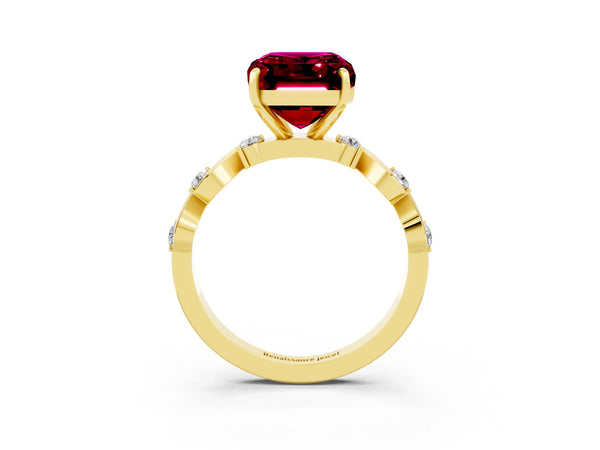 Yellow gold Emerald Cut Garnet Solitaire Twisted Band with Round  Accents and Prong Setting