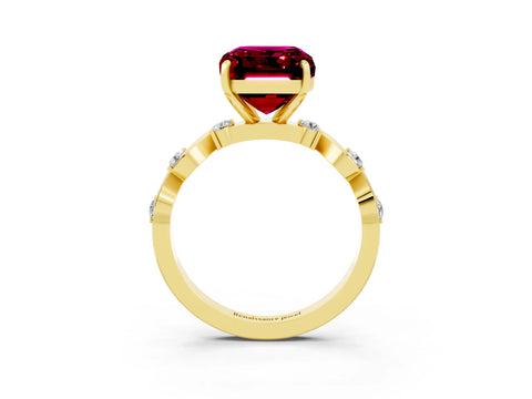 Yellow gold Emerald Cut Garnet Solitaire Twisted Band with Round  Accents and Prong Setting_15