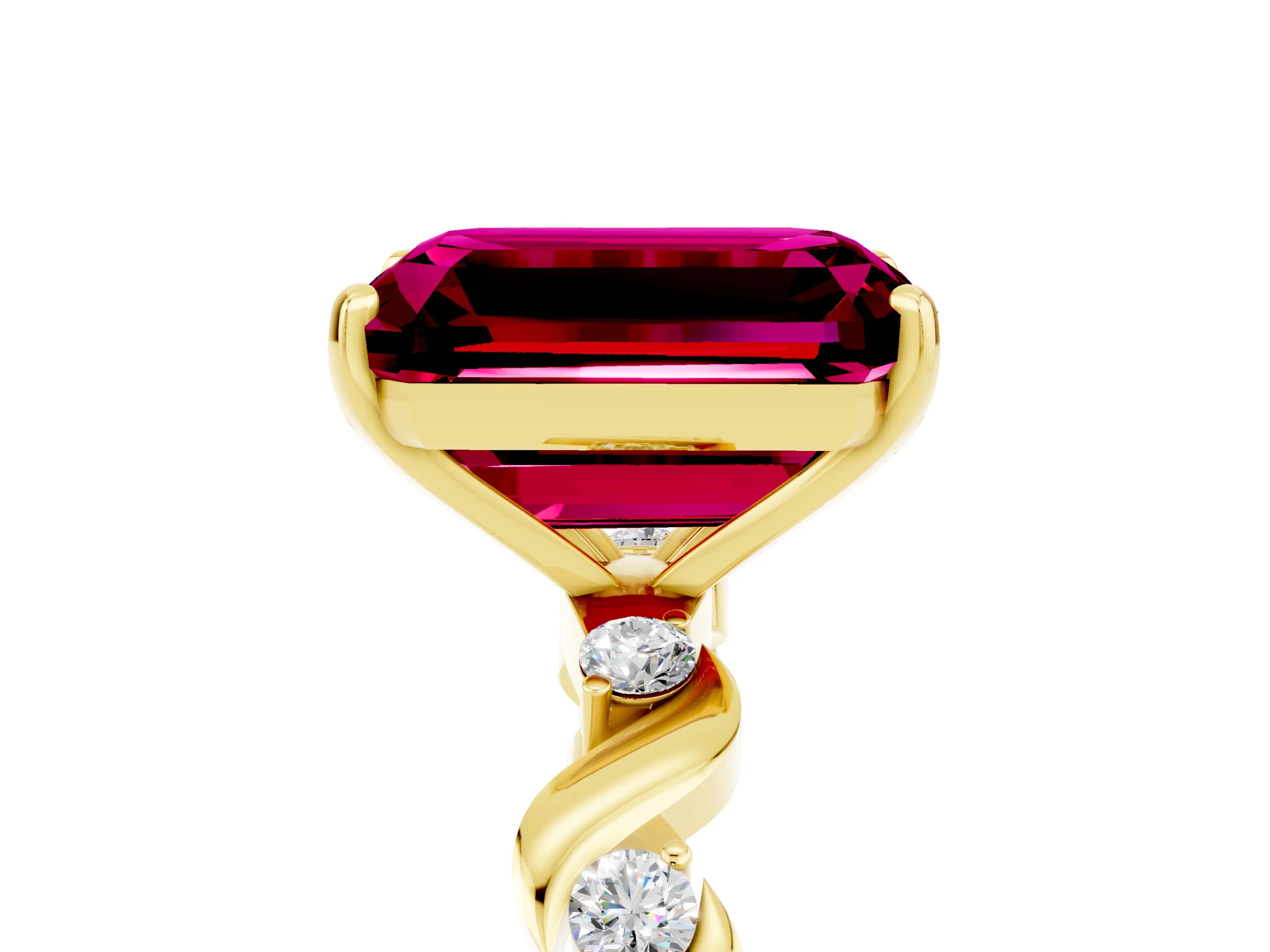 Yellow gold Emerald Cut Garnet Solitaire Twisted Band with Round  Accents and Prong Setting_17