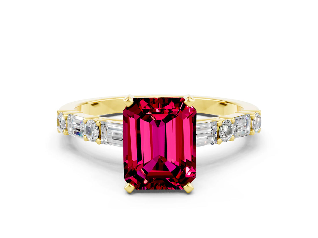 Yellow gold Emerald Cut Garnet Solitaire with Side Baguettes and Channel Set Band