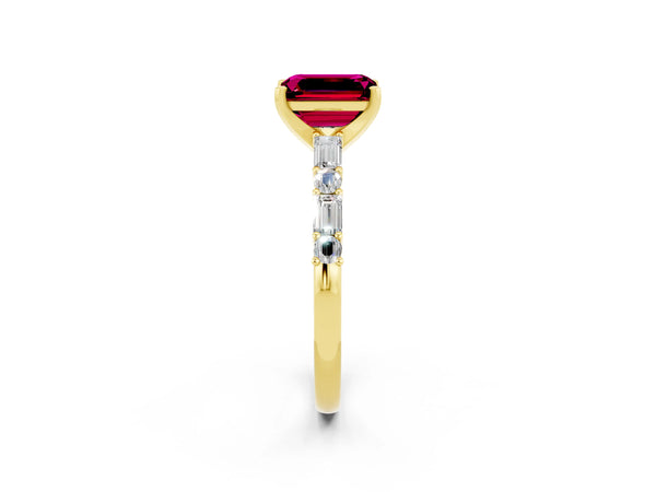 Yellow gold Emerald Cut Garnet Solitaire with Side Baguettes and Channel Set Band