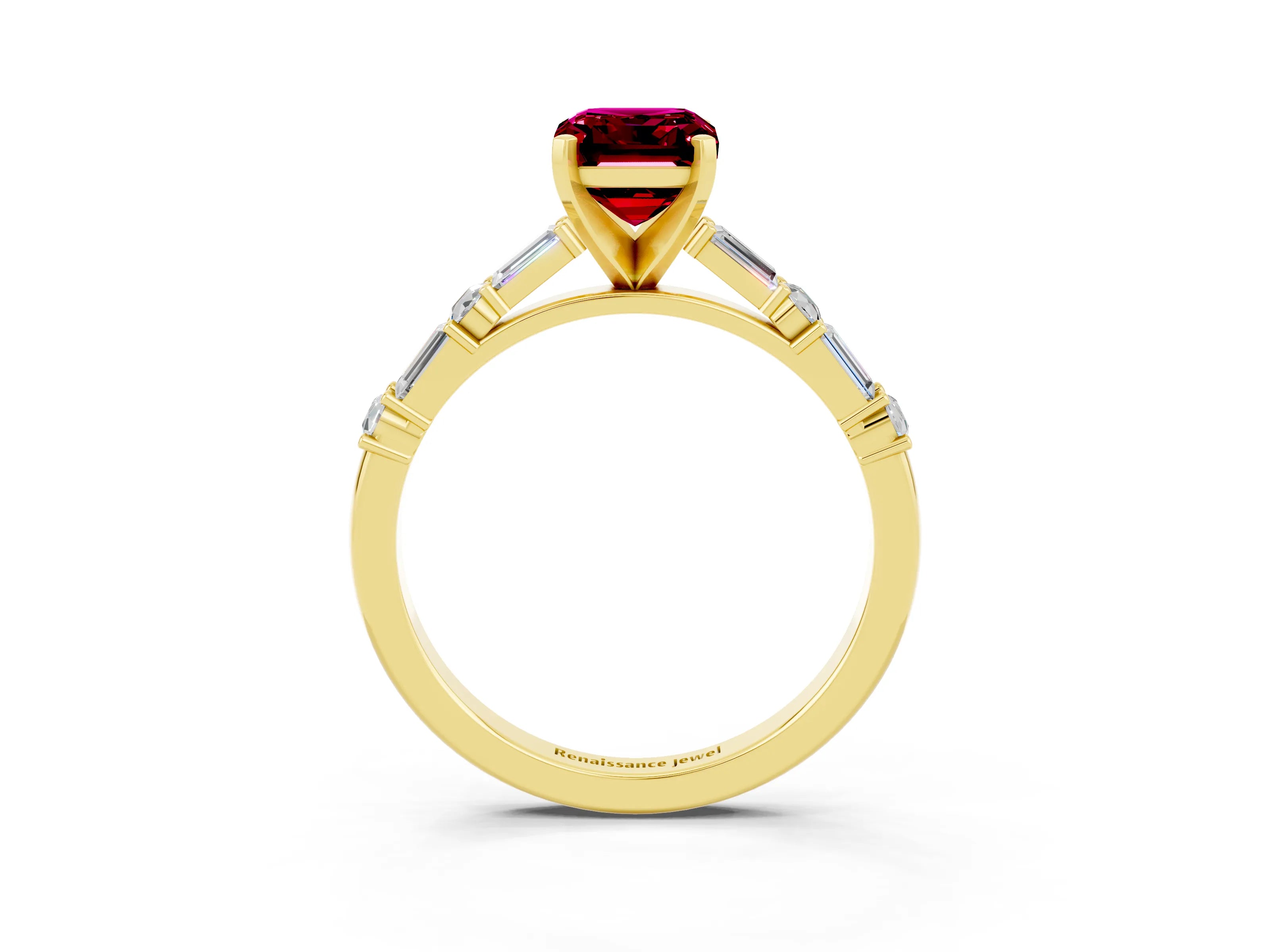 Yellow gold Emerald Cut Garnet Solitaire with Side Baguettes and Channel Set Band_3