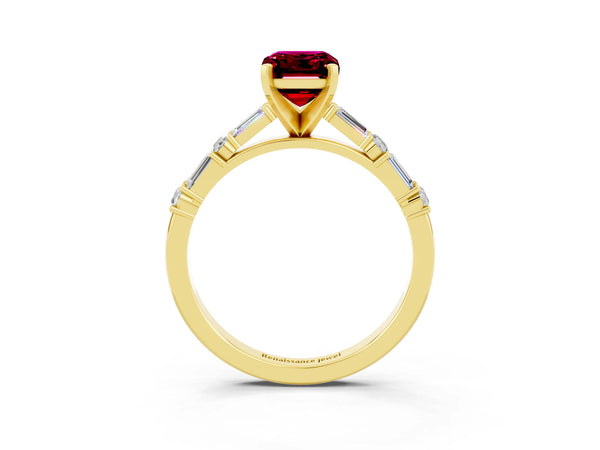 Yellow gold Emerald Cut Garnet Solitaire with Side Baguettes and Channel Set Band