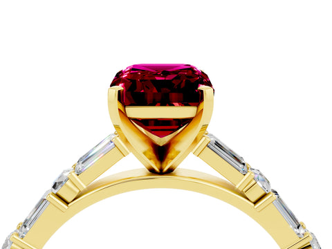 Yellow gold Emerald Cut Garnet Solitaire with Side Baguettes and Channel Set Band_4
