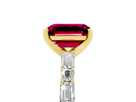 Yellow gold Emerald Cut Garnet Solitaire with Side Baguettes and Channel Set Band_5
