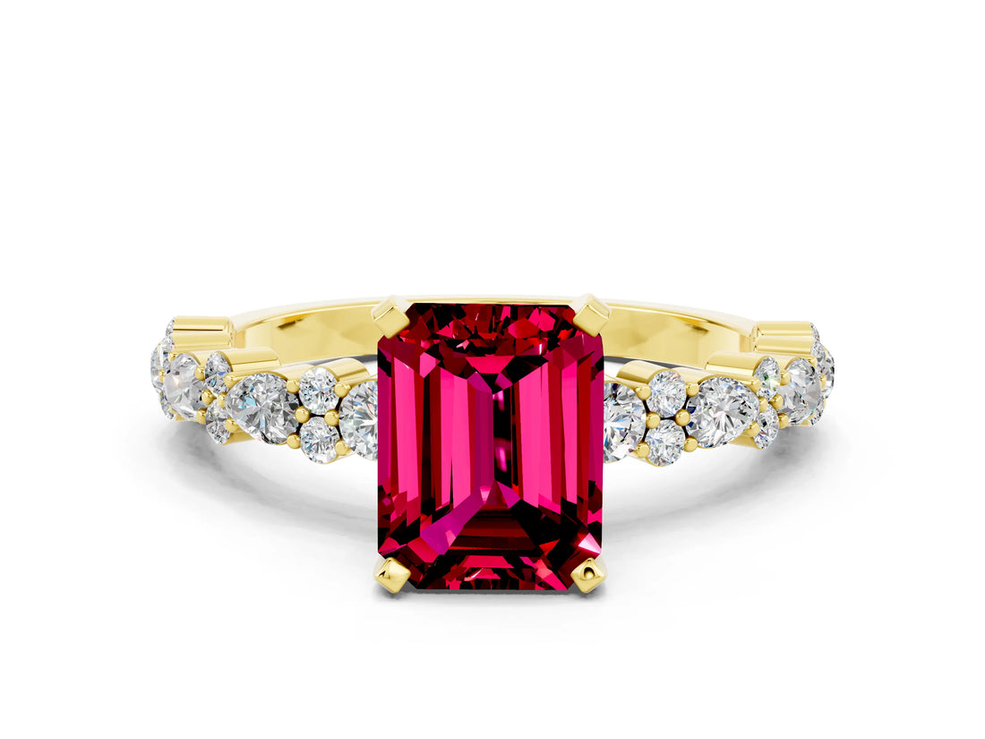 Yellow gold Emerald Cut Garnet Solitaire with Side Stones, Pave Band, Four-Prong Setting_36