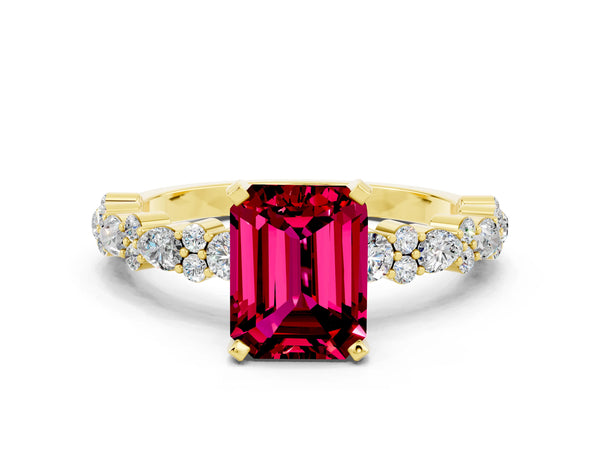 Yellow gold Emerald Cut Garnet Side Stone Solitaire Ring with Round  and Four-Prong Setting