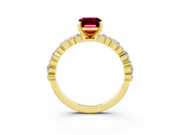 Yellow gold Emerald Cut Garnet Side Stone Solitaire Ring with Round  and Four-Prong Setting