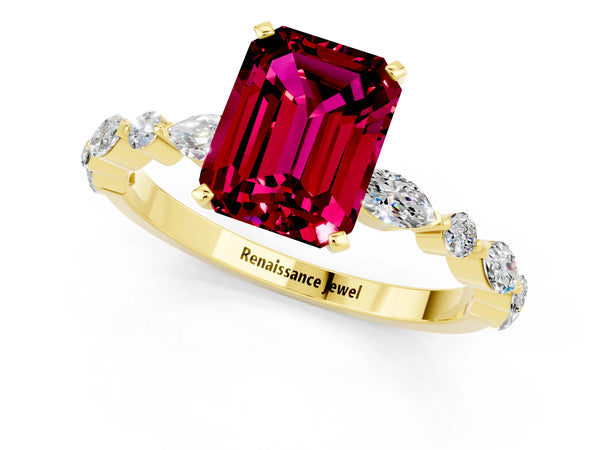 Yellow gold Emerald Cut Garnet Ring with Marquise and Round  Side Stones and Four-Prong Setting