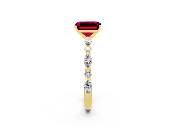 Yellow gold Emerald Cut Garnet Ring with Marquise and Round  Side Stones and Four-Prong Setting