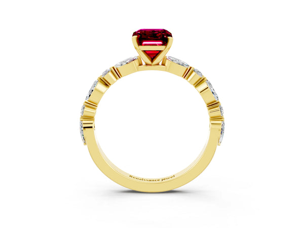 Yellow gold Emerald Cut Garnet Ring with Marquise and Round  Side Stones and Four-Prong Setting