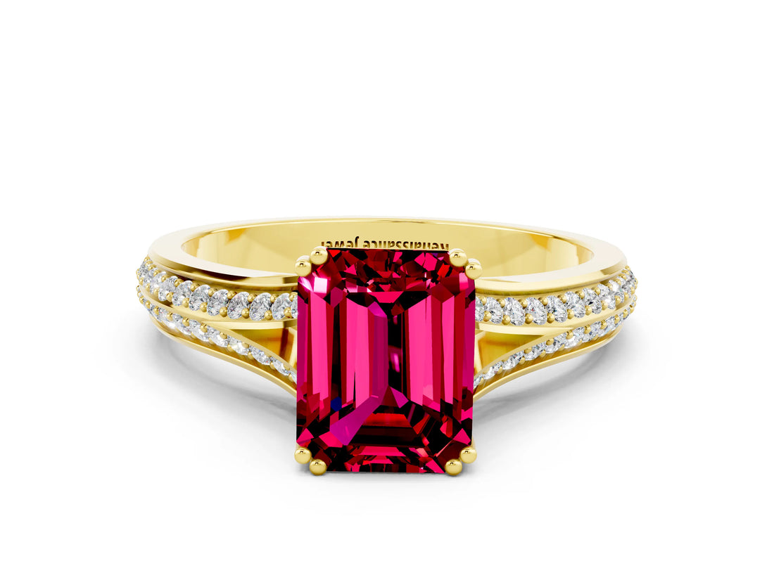 Yellow gold Emerald Cut Garnet Split Shank Engagement Ring with Pavé Band