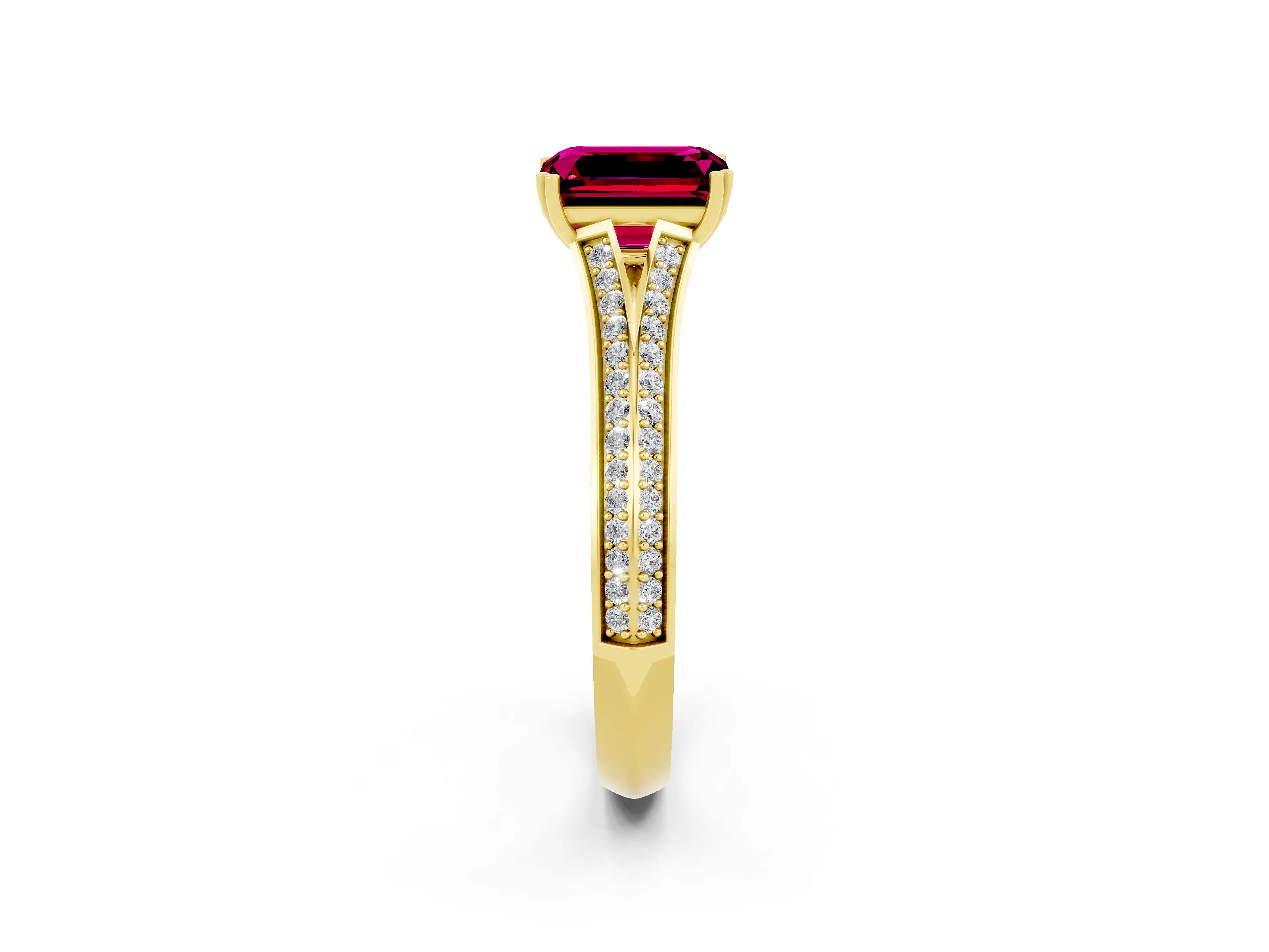Yellow gold Emerald Cut Garnet Split Shank Engagement Ring with Pavé Band_2