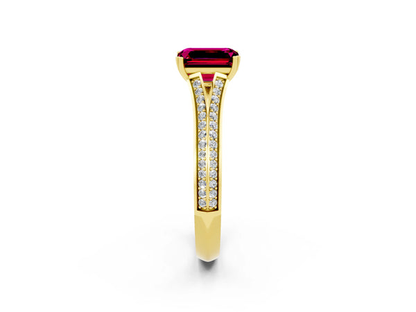 Yellow gold Emerald Cut Garnet Split Shank Engagement Ring with Pavé Band