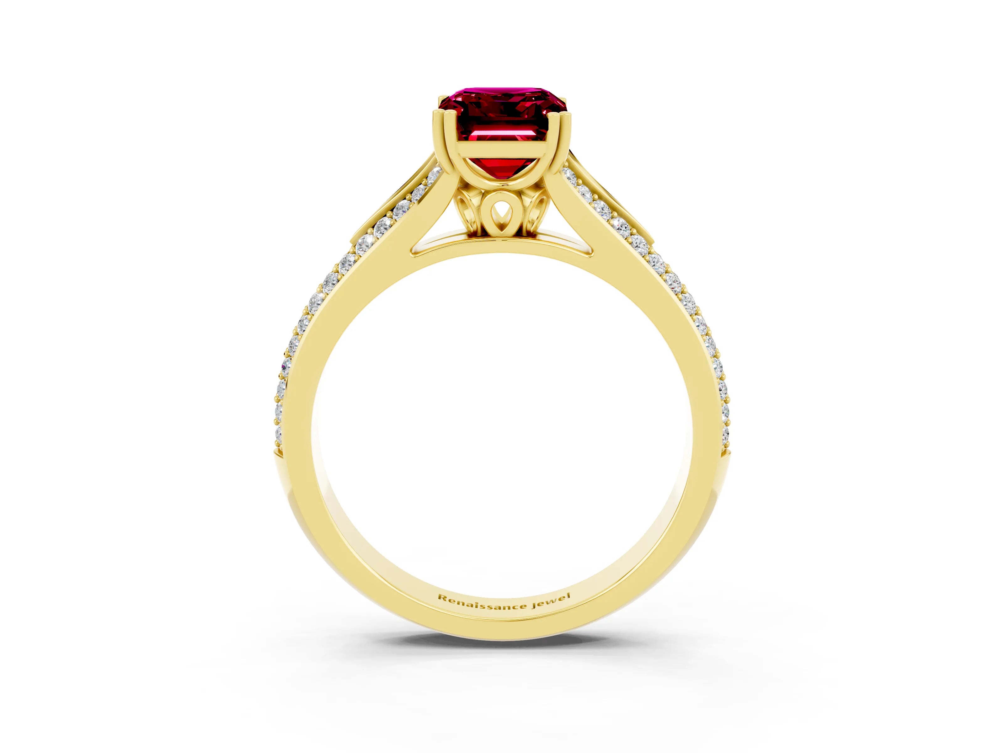 Yellow gold Emerald Cut Garnet Split Shank Engagement Ring with Pavé Band_3