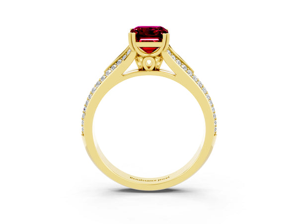 Yellow gold Emerald Cut Garnet Split Shank Engagement Ring with Pavé Band