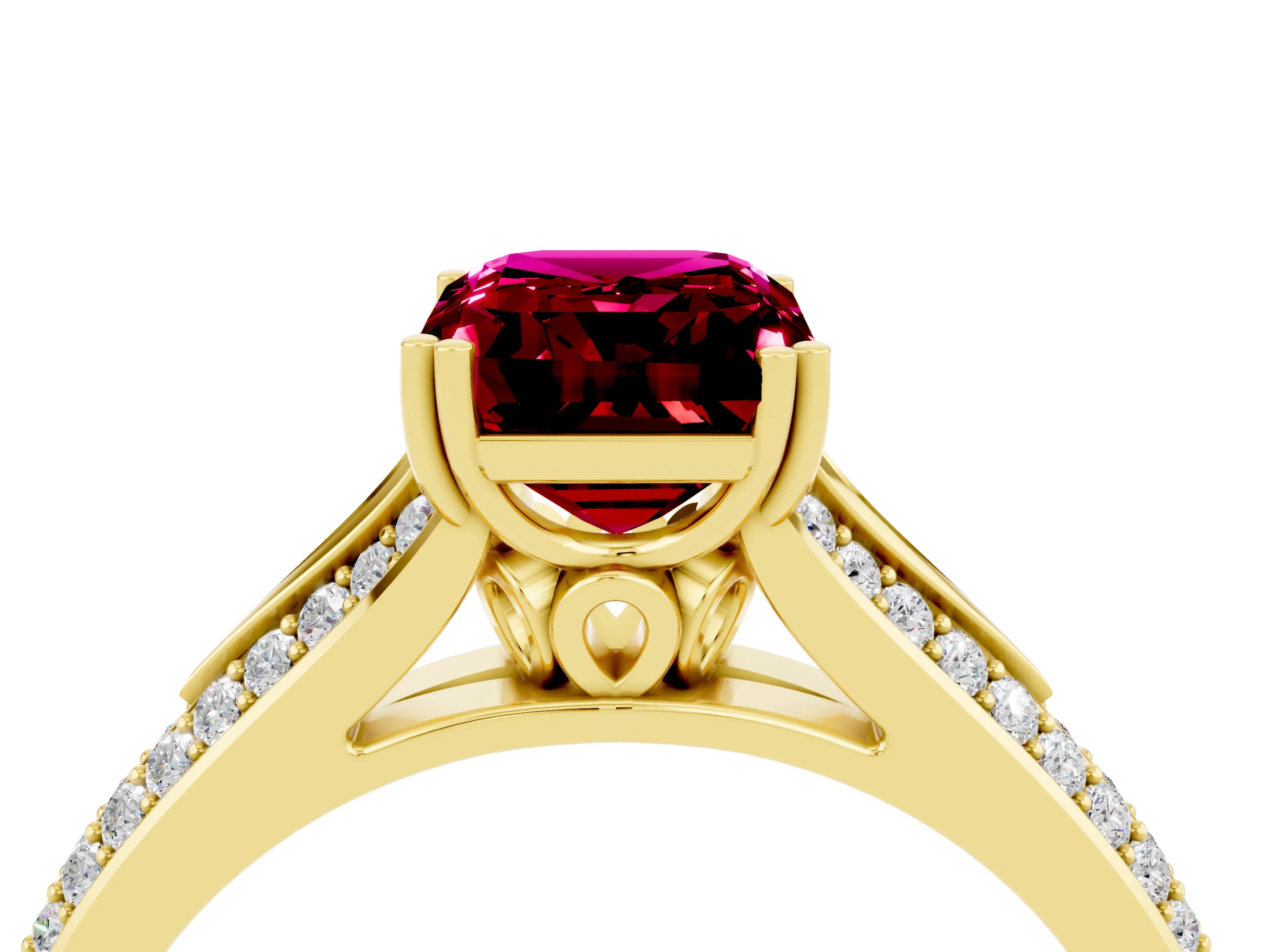 Yellow gold Emerald Cut Garnet Split Shank Engagement Ring with Pavé Band_4