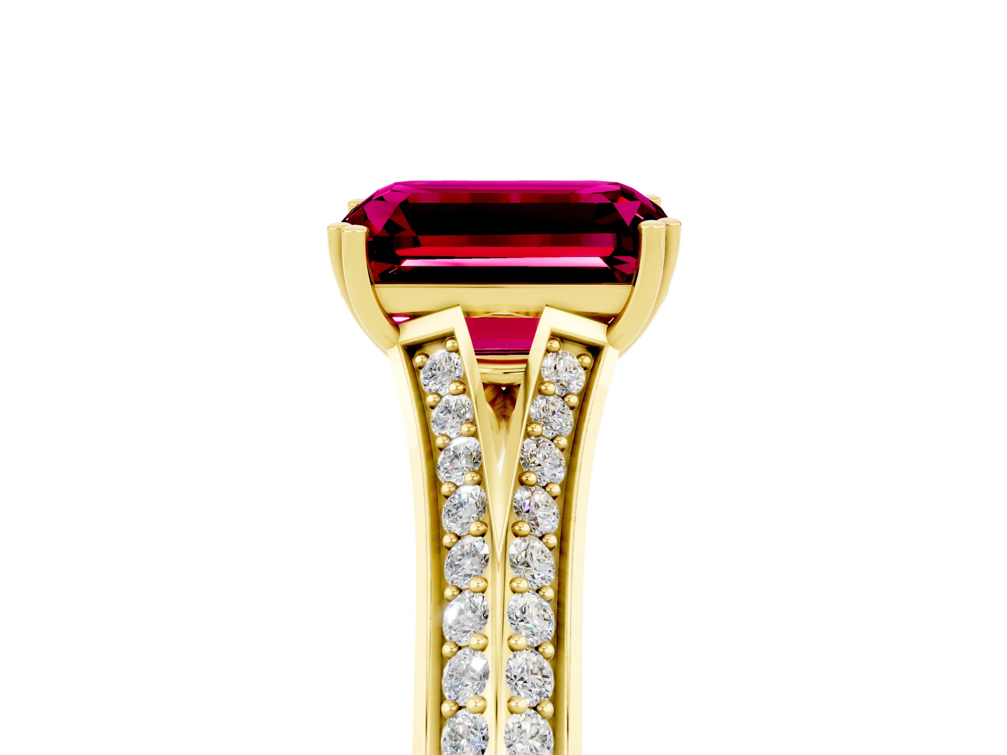 Yellow gold Emerald Cut Garnet Split Shank Engagement Ring with Pavé Band_5