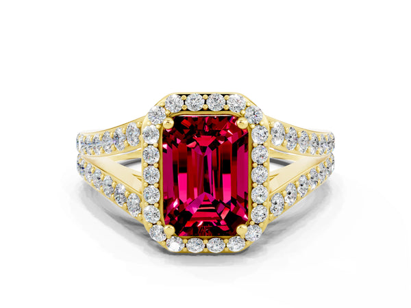 Yellow gold Emerald Cut Garnet Split Shank Halo Ring with Four-Prong Setting