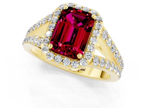Yellow gold Emerald Cut Garnet Split Shank Halo Ring with Four-Prong Setting_13