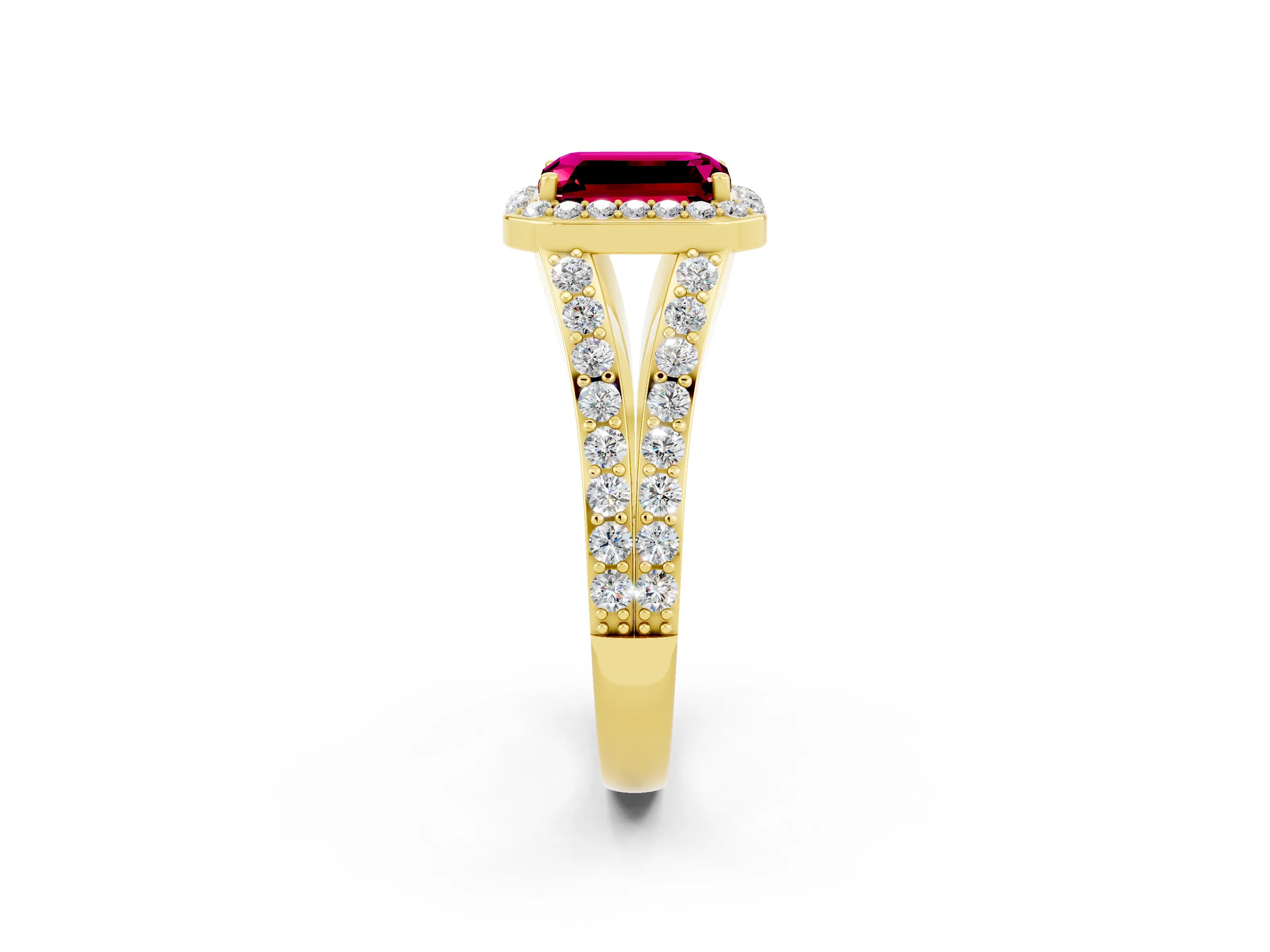 Yellow gold Emerald Cut Garnet Split Shank Halo Ring with Four-Prong Setting_14