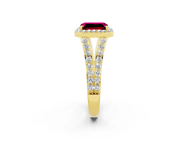 Yellow gold Emerald Cut Garnet Split Shank Halo Ring with Four-Prong Setting