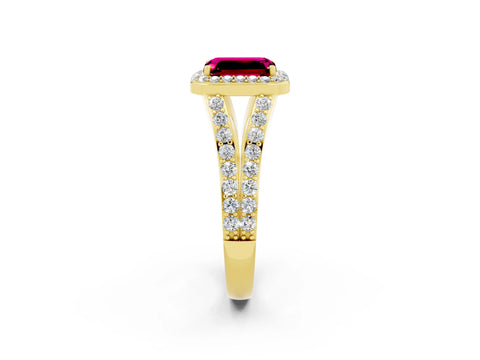 Yellow gold Emerald Cut Garnet Split Shank Halo Ring with Four-Prong Setting_14