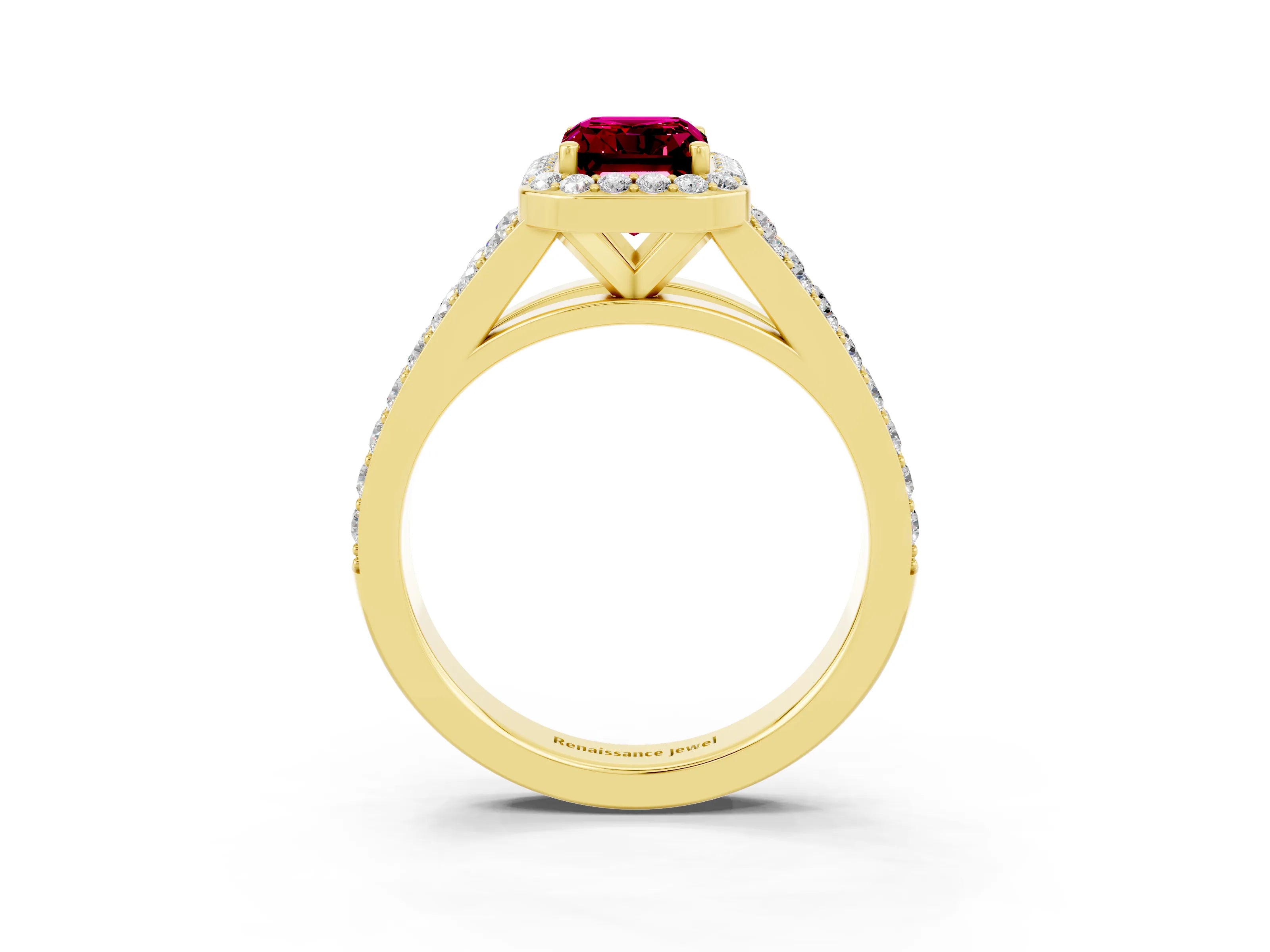 Yellow gold Emerald Cut Garnet Split Shank Halo Ring with Four-Prong Setting_15