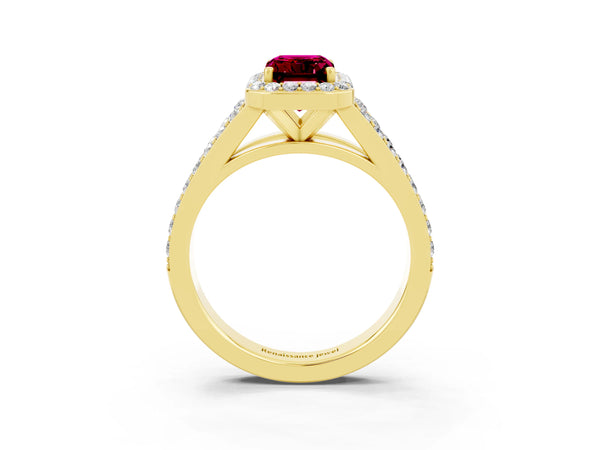 Yellow gold Emerald Cut Garnet Split Shank Halo Ring with Four-Prong Setting