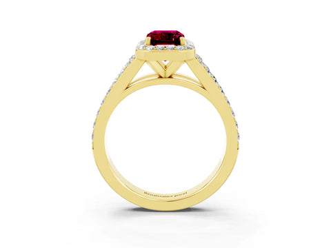 Yellow gold Emerald Cut Garnet Split Shank Halo Ring with Four-Prong Setting_15