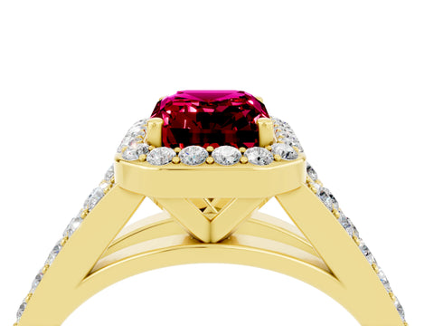 Yellow gold Emerald Cut Garnet Split Shank Halo Ring with Four-Prong Setting_16