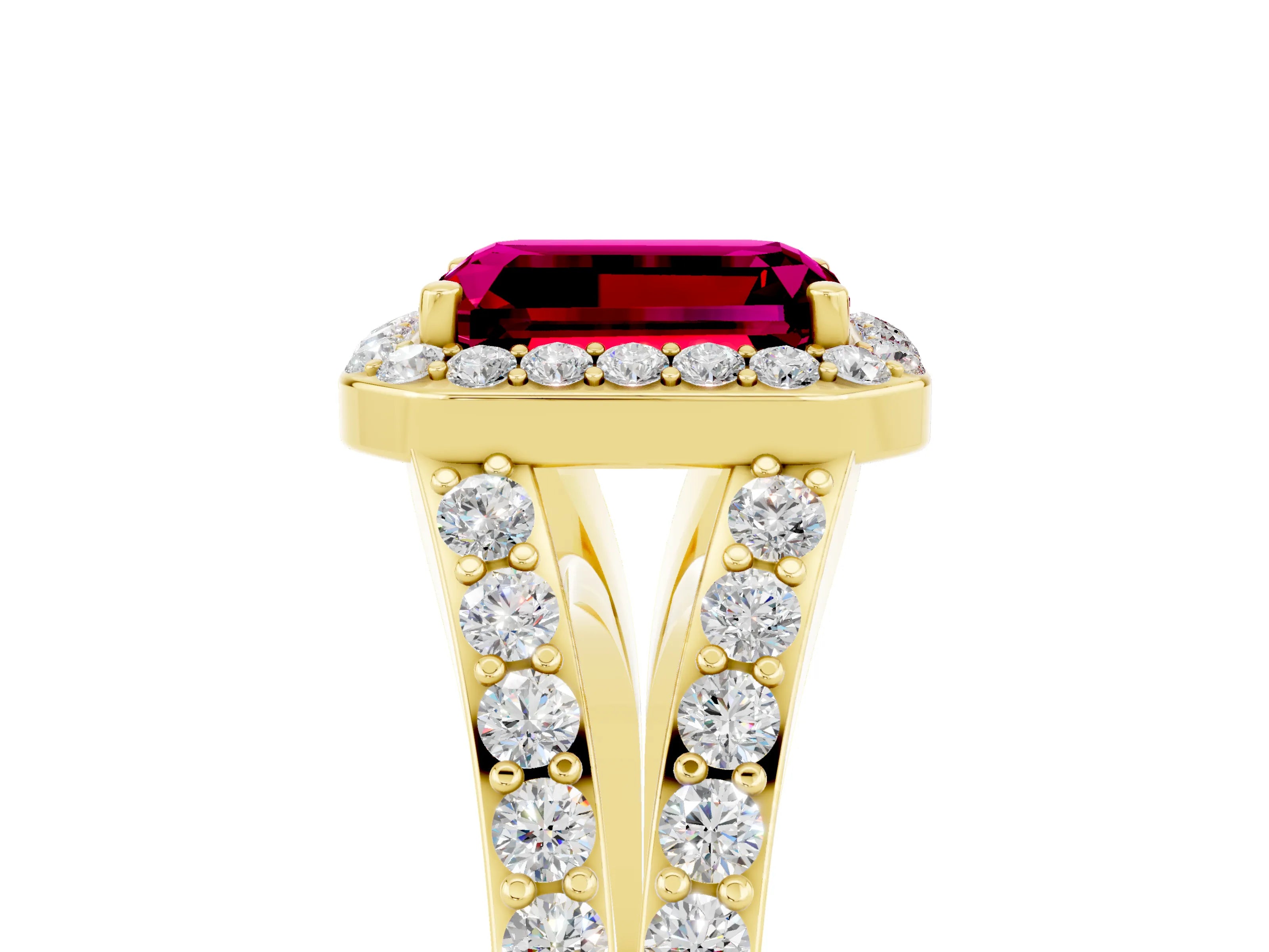 Yellow gold Emerald Cut Garnet Split Shank Halo Ring with Four-Prong Setting_17