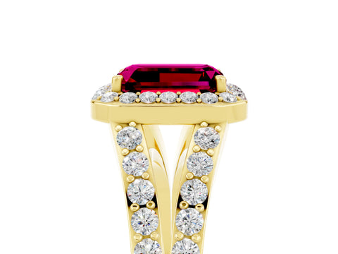 Yellow gold Emerald Cut Garnet Split Shank Halo Ring with Four-Prong Setting_17