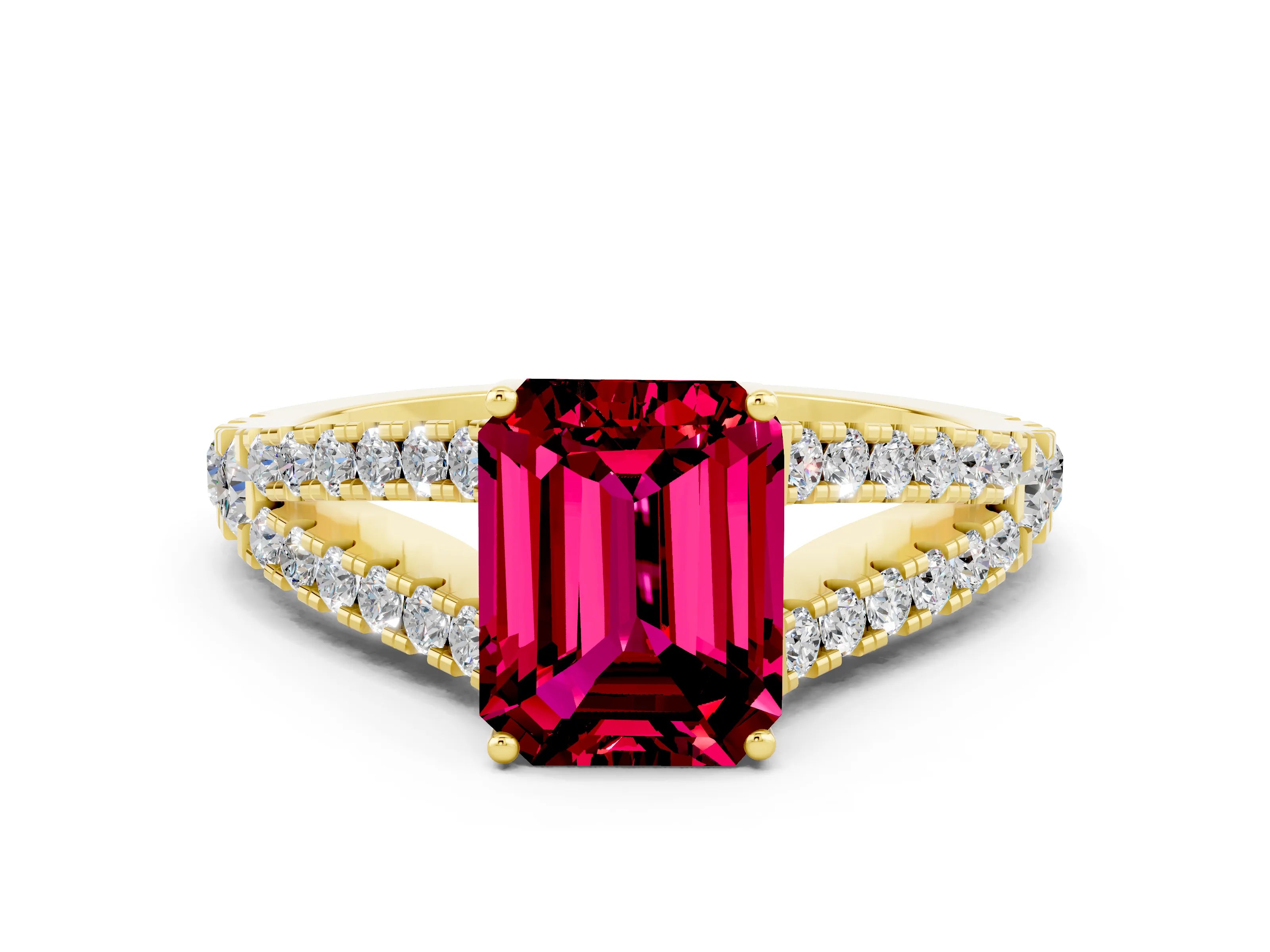 Yellow gold Emerald Cut Garnet Split Shank Pavé Engagement Ring with Four-Prong Setting_12