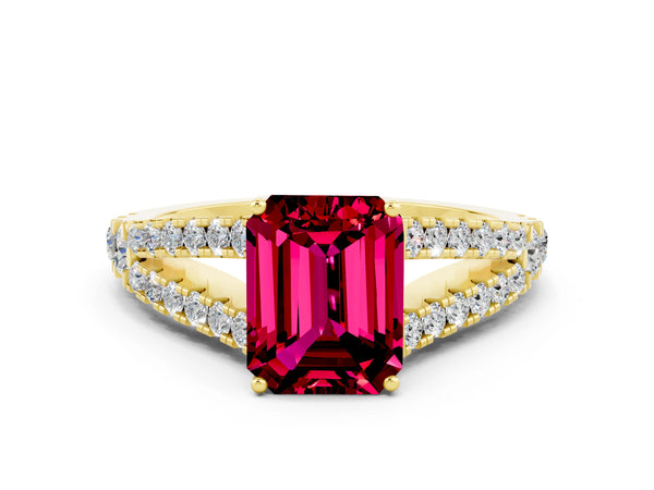 Yellow gold Emerald Cut Garnet Split Shank Pavé Engagement Ring with Four-Prong Setting