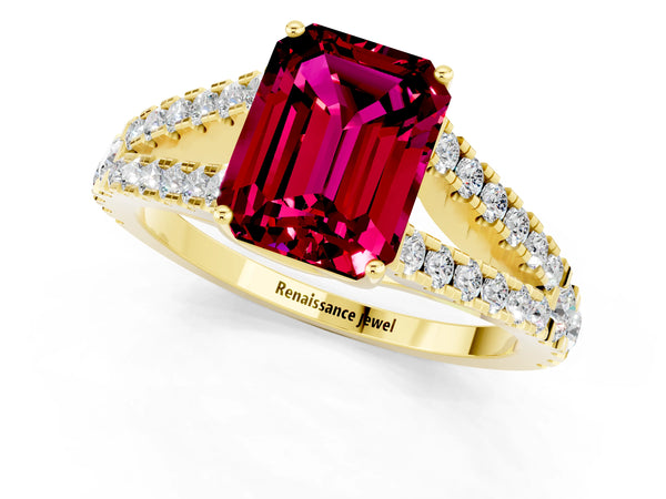 Yellow gold Emerald Cut Garnet Split Shank Pavé Engagement Ring with Four-Prong Setting