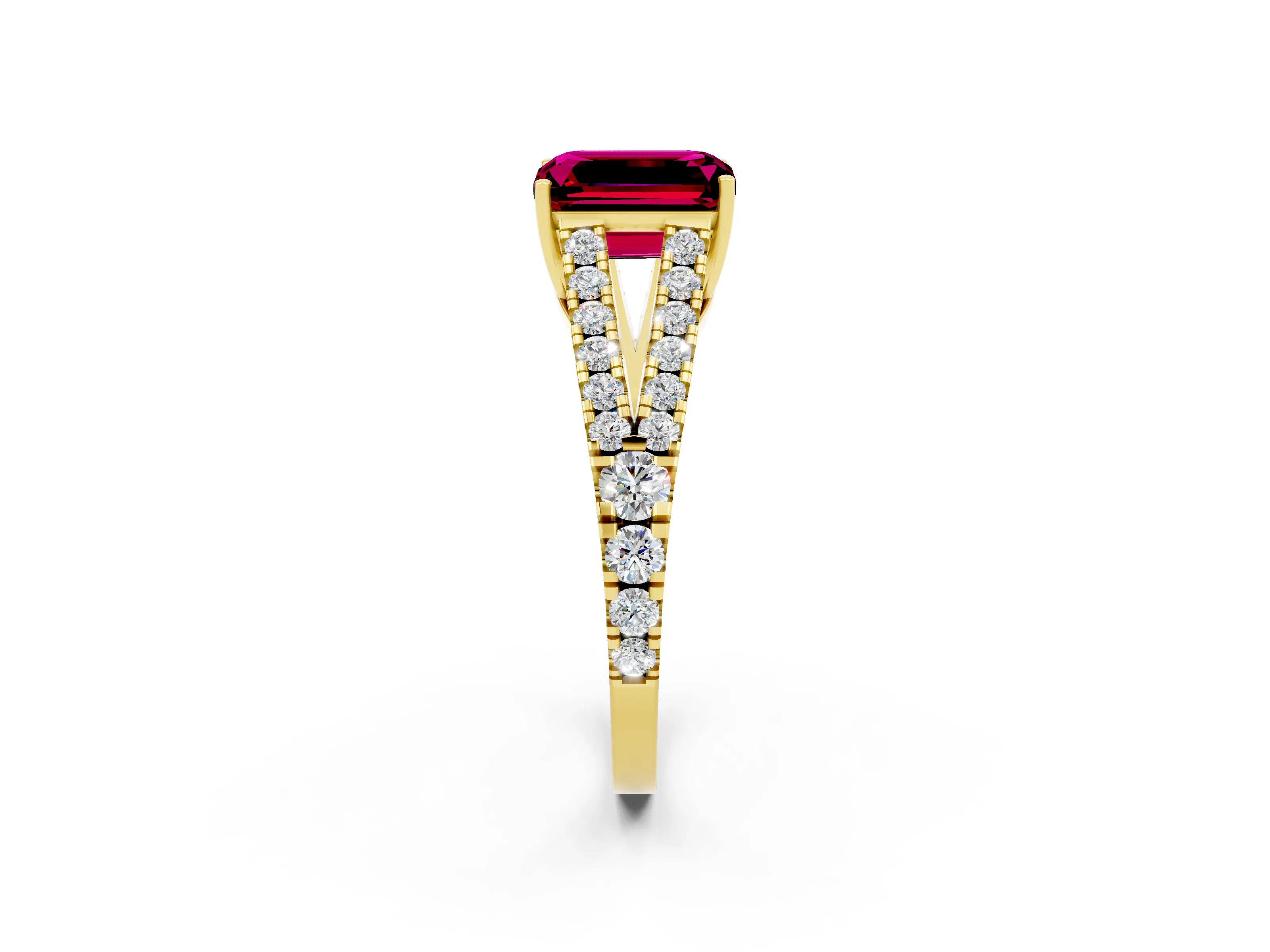 Yellow gold Emerald Cut Garnet Split Shank Pavé Engagement Ring with Four-Prong Setting_14