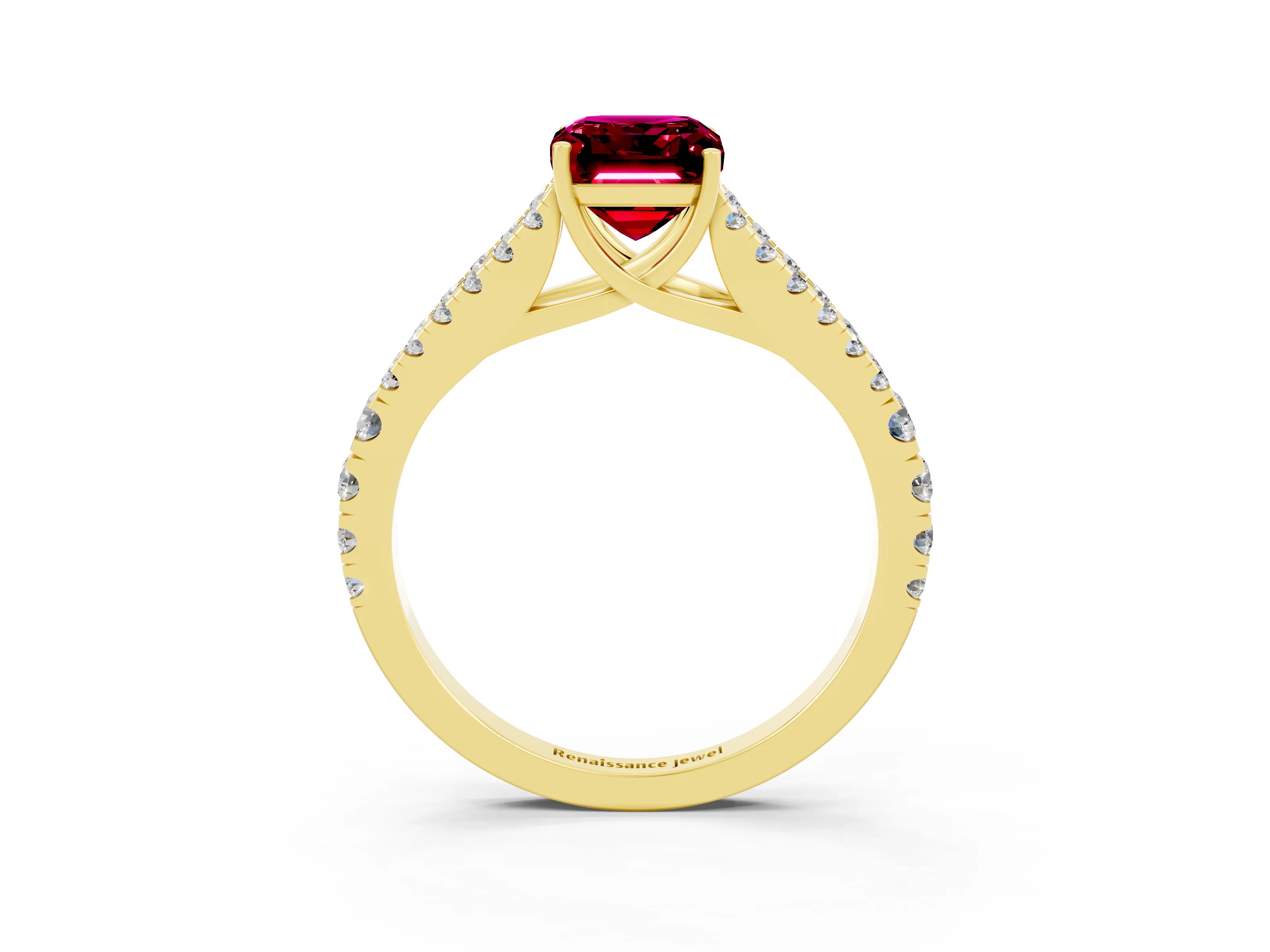 Yellow gold Emerald Cut Garnet Split Shank Pavé Engagement Ring with Four-Prong Setting_15