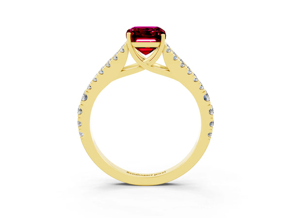 Yellow gold Emerald Cut Garnet Split Shank Pavé Engagement Ring with Four-Prong Setting