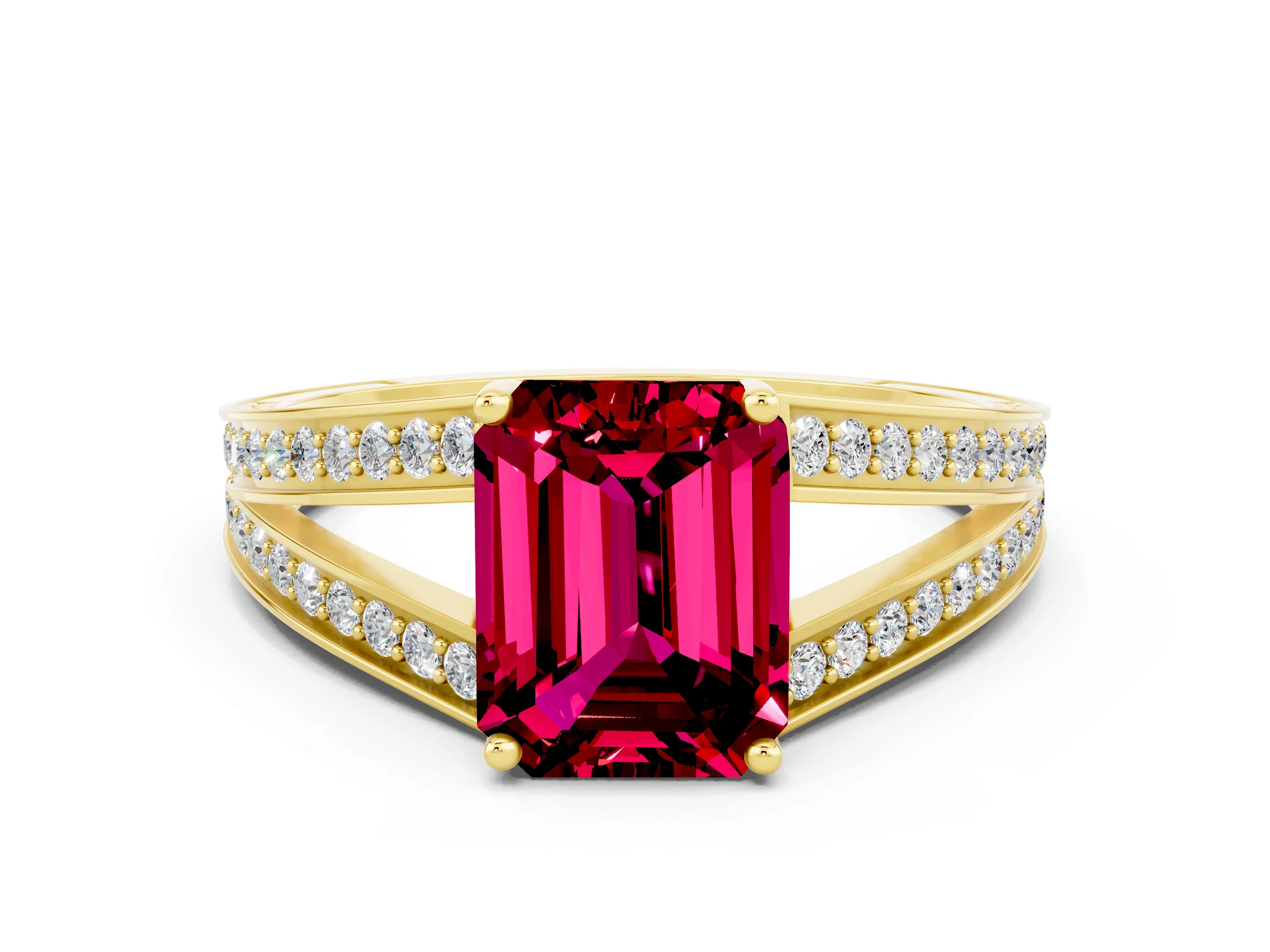 Yellow gold Emerald Cut Garnet Split Shank Ring with Pavé Band and Four-Prong Setting_12