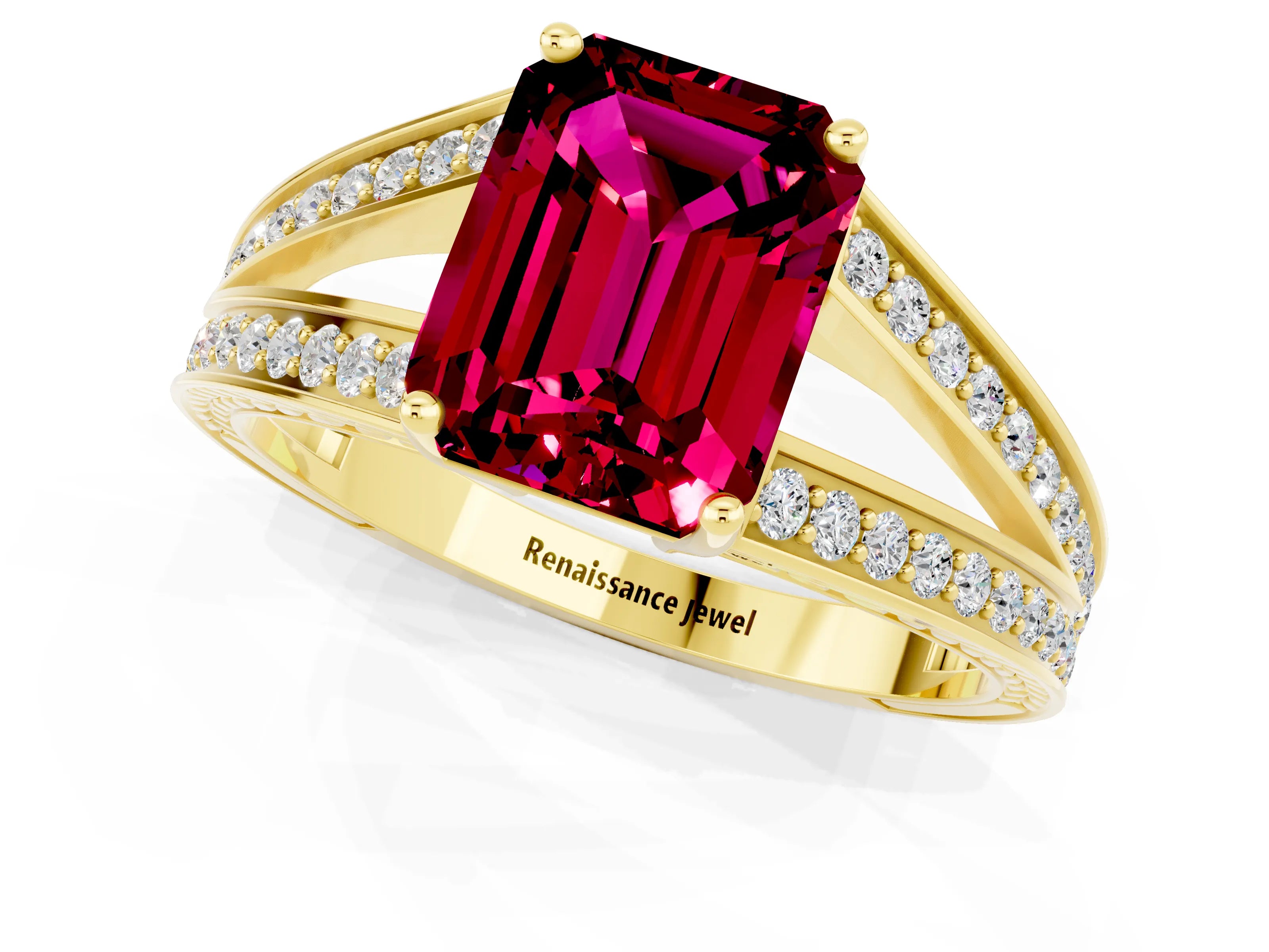 Yellow gold Emerald Cut Garnet Split Shank Ring with Pavé Band and Four-Prong Setting_13