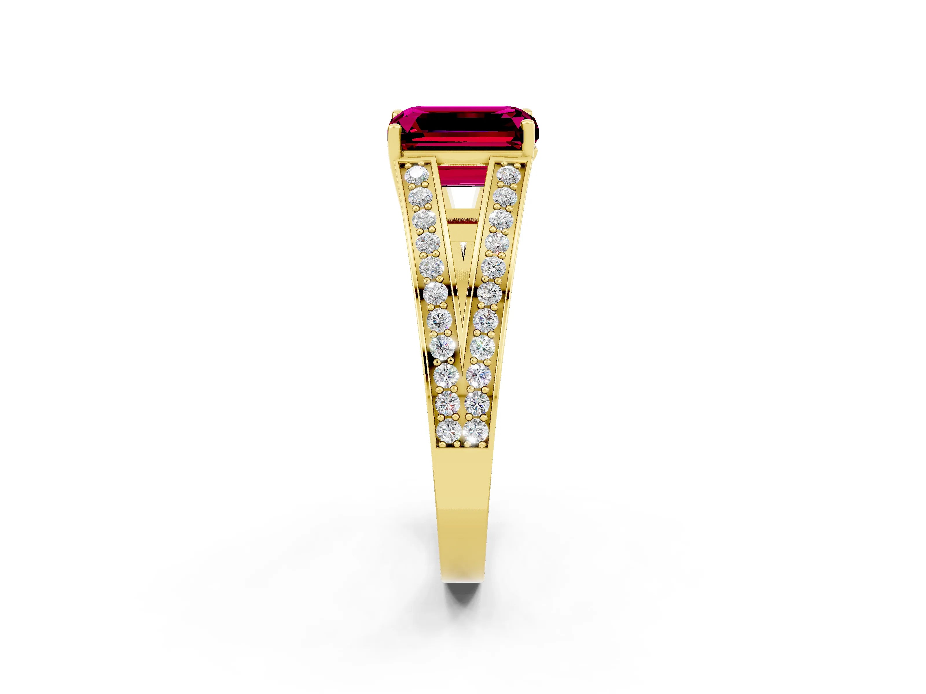 Yellow gold Emerald Cut Garnet Split Shank Ring with Pavé Band and Four-Prong Setting_14