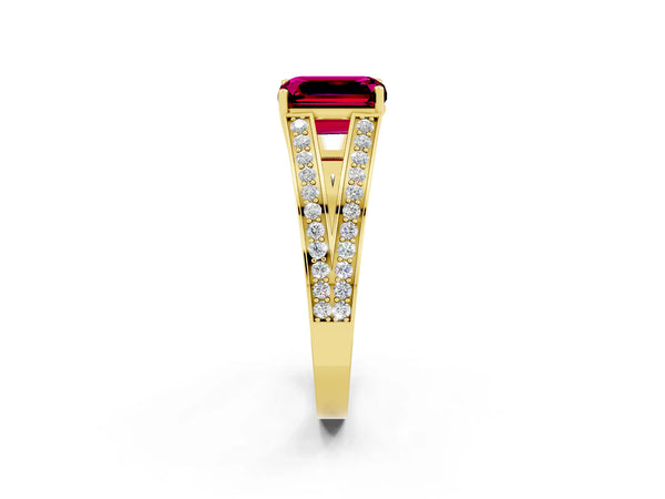 Yellow gold Emerald Cut Garnet Split Shank Ring with Pavé Band and Four-Prong Setting