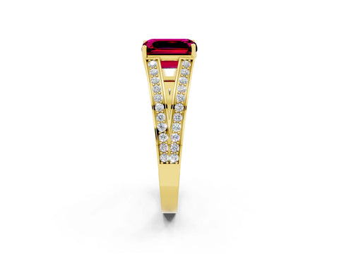 Yellow gold Emerald Cut Garnet Split Shank Ring with Pavé Band and Four-Prong Setting_14