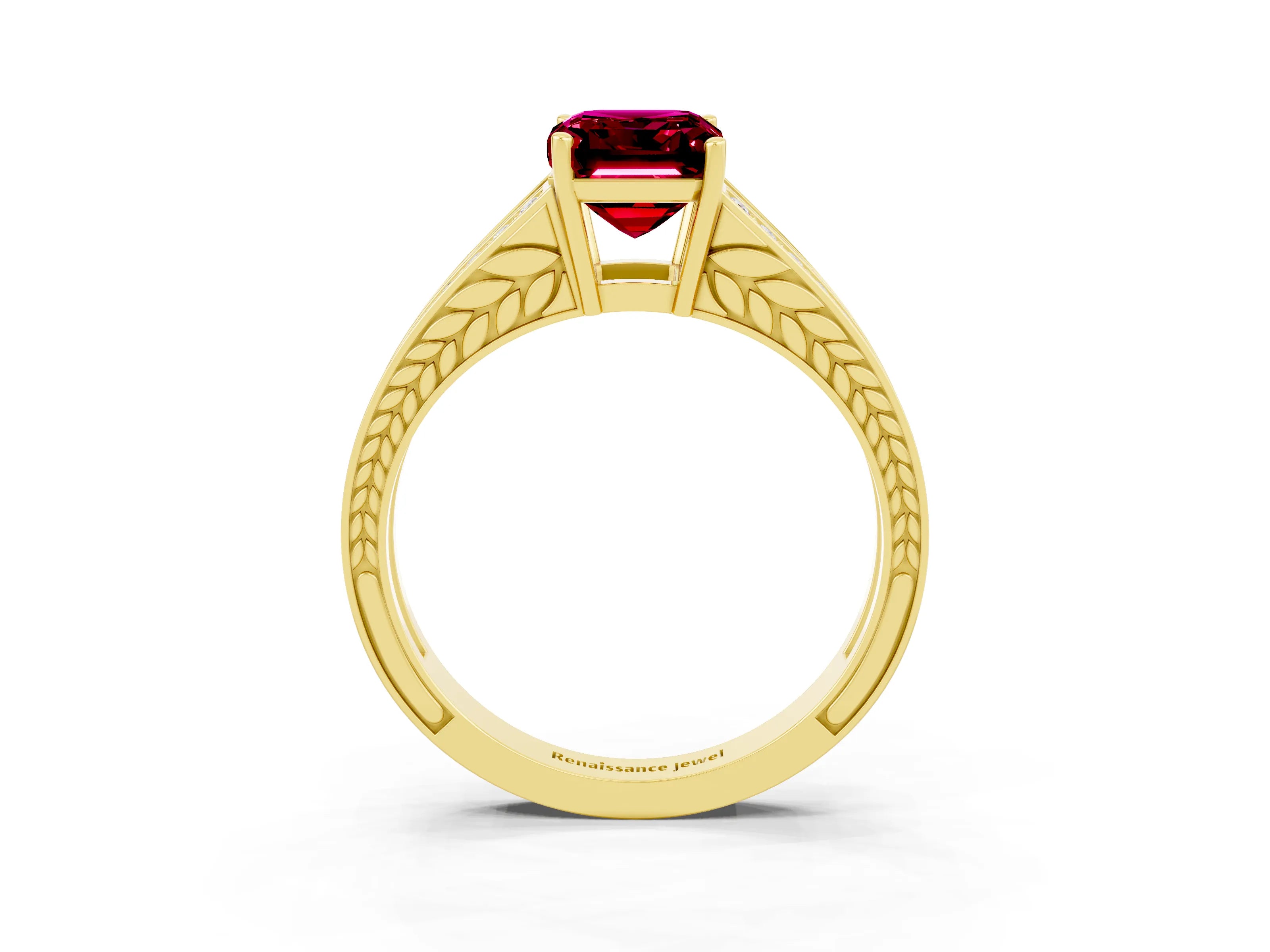 Yellow gold Emerald Cut Garnet Split Shank Ring with Pavé Band and Four-Prong Setting_15