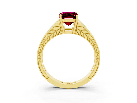 Yellow gold Emerald Cut Garnet Split Shank Ring with Pavé Band and Four-Prong Setting_15