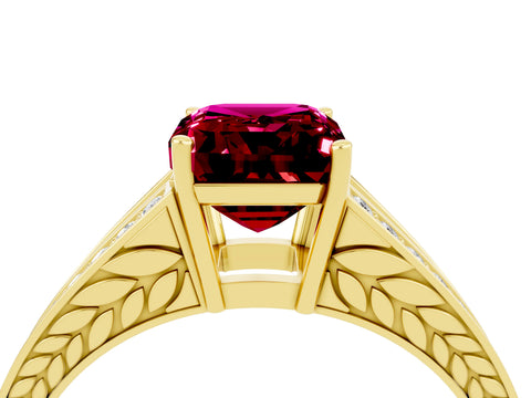 Yellow gold Emerald Cut Garnet Split Shank Ring with Pavé Band and Four-Prong Setting_16