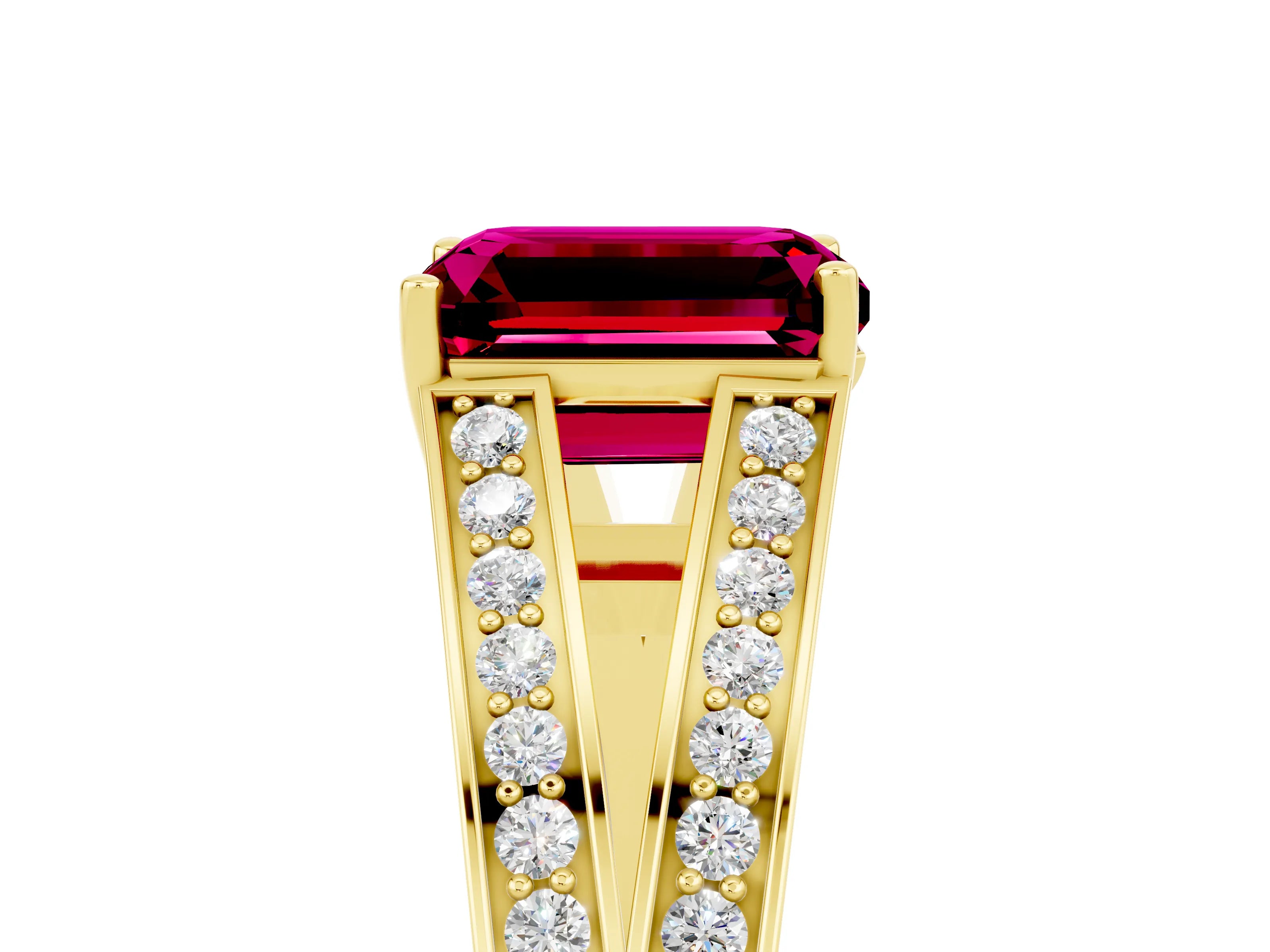 Yellow gold Emerald Cut Garnet Split Shank Ring with Pavé Band and Four-Prong Setting_17
